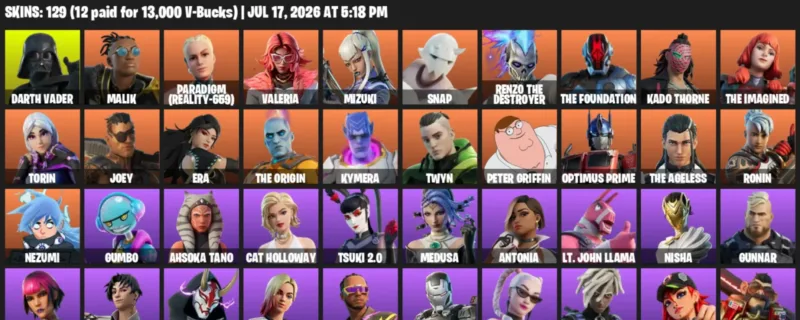 Fortnite Accounts listing: LVL 2680 - Darth Vader - Malik - 129 Outfits - 129 outfits