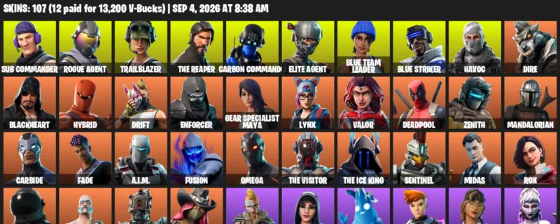 Fortnite account inventory for LVL 1957 - Sub Commander - Rogue Agent - 107 Outfits