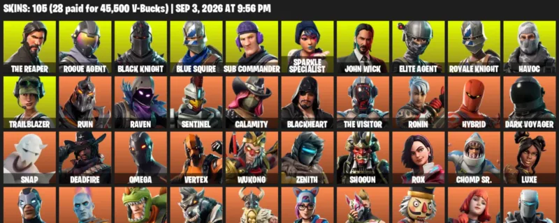 Fortnite account inventory for LVL 633 - The Reaper - Rogue Agent - 105 Outfits