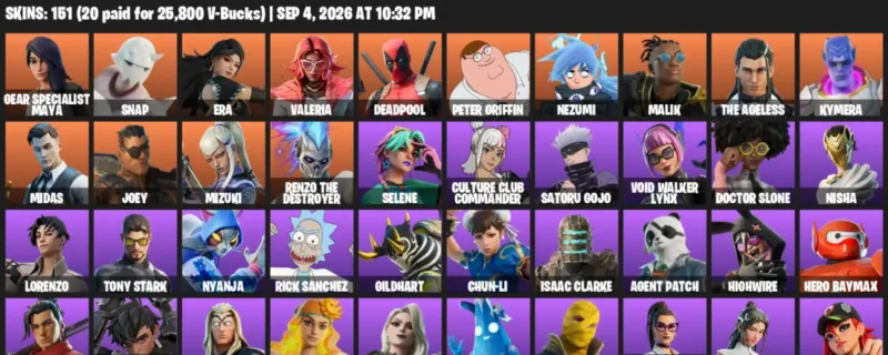 Fortnite account inventory for LVL 1976 - Gear Specialist Maya - Snap - 151 Outfits