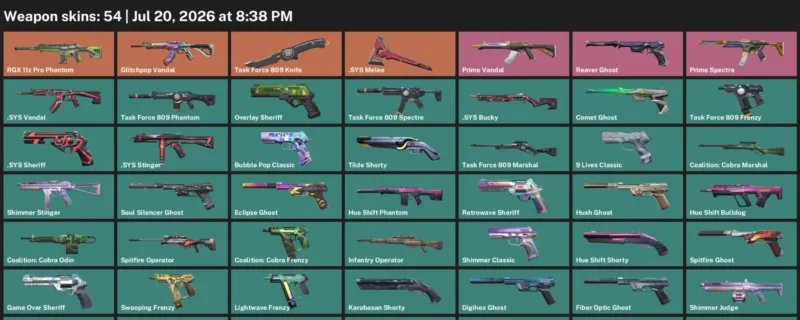 Valorant Accounts listing: LVL 324 · .SYS Melee & Task Force 809 Knife · 54 Skins - Platinum 3, 54 skins