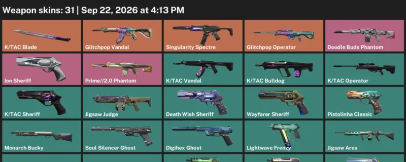 Valorant account inventory for LVL 172 · Glitchpop Vandal & Glitchpop Operator