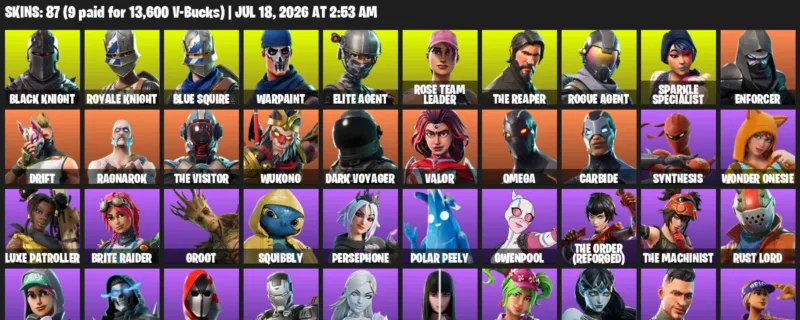 Fortnite Accounts listing: LVL 964 - Black Knight - Royale Knight - 87 Outfits - 87 outfits