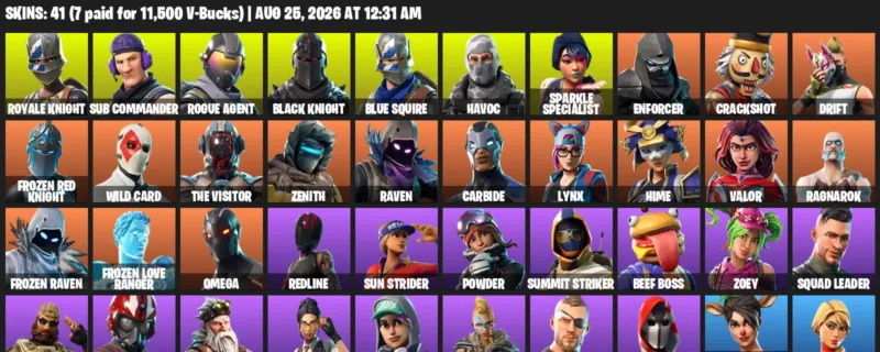 Fortnite account inventory for LVL 429 - Royale Knight - Sub Commander - 41 Outfits