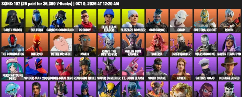 Fortnite account inventory for Darth Vader - Sultura - 107 Outfits