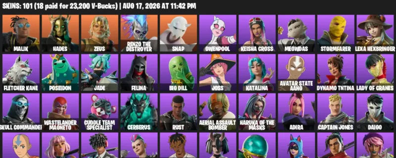Fortnite account inventory for LVL 1403 - Malik - Hades - 101 Outfits
