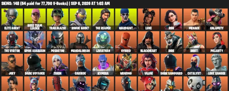 Fortnite account inventory for LVL 1582 - Elite Agent - Rose Team Leader - 148 Outfits