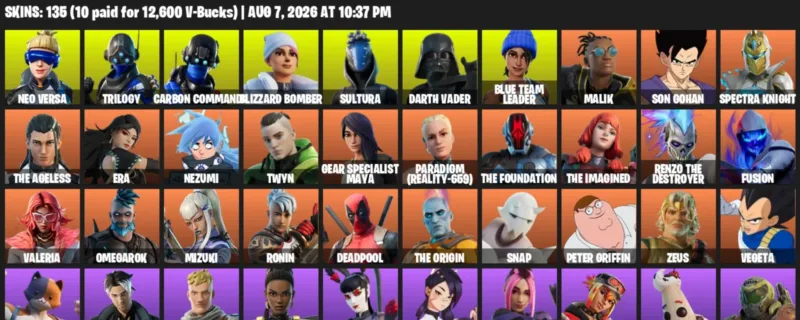 Fortnite account inventory for LVL 1697 - Neo Versa - Trilogy - 135 Outfits