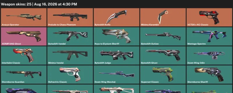 Valorant account inventory for LVL 56 · Byteshift Knife & Minima Karambit & Araxys Operator