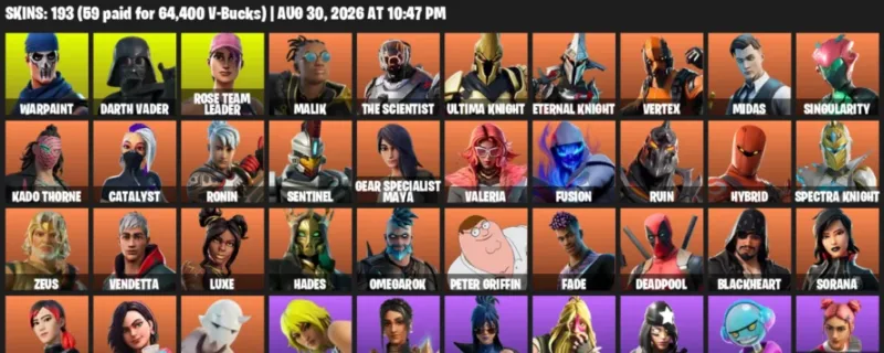 Fortnite account inventory for LVL 2338 - Warpaint - Darth Vader - 193 Outfits