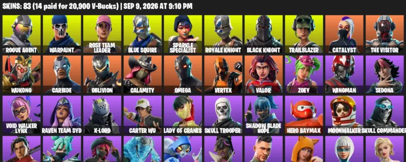 Fortnite account inventory for LVL 603 - Rogue Agent - Warpaint - 83 Outfits