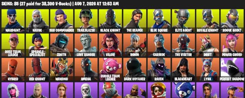 Fortnite account inventory for LVL 833 - Warpaint - Havoc - 85 Outfits