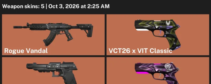 Valorant account inventory for LVL 4 · VCT26 x M8 Classic & VCT26 x Vit Classic