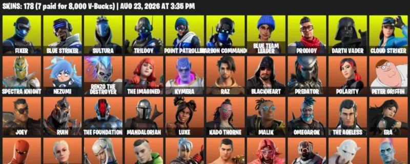 Fortnite account inventory for LVL 3305 - Fixer - Blue Striker - 178 Outfits