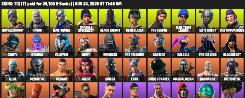 Fortnite account inventory for LVL 2165 - Royale Knight - Havoc - 113 Outfits