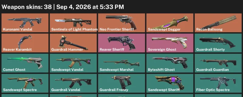 Valorant account inventory for LVL 183 · Reaver Karambit & Sandswept Dagger & 38 Skins Reaver Karambit
