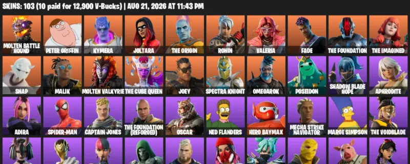 Fortnite account inventory for LVL 2053 - Molten Battle Hound - Peter Griffin - 103 Outfits
