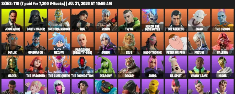 Fortnite Accounts listing: LVL 2138 - John Wick - Darth Vader - 119 Outfits - 119 outfits
