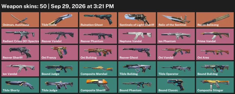 Valorant account inventory for LVL 74 · Tilde Knife & Bound Phantom