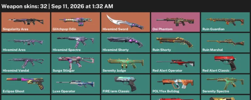 Valorant account inventory for LVL 121 · Glitchpop Odin & arm Classic