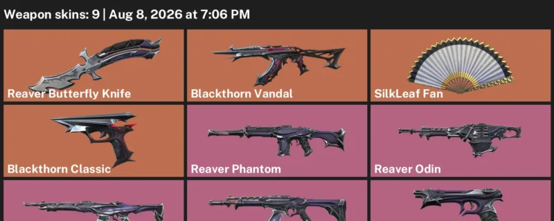 Valorant account inventory for LVL 28 · Reaver Butterfly Knife & SilkLeaf Fan