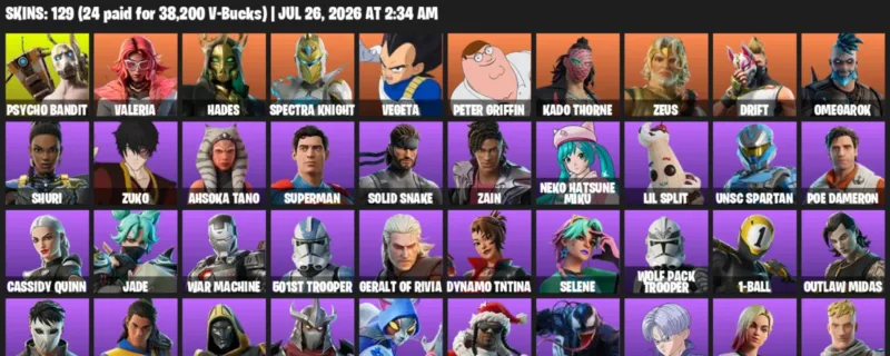 Fortnite Accounts listing: LVL 1426 - Psycho Bandit - Valeria - 129 Outfits - 129 outfits
