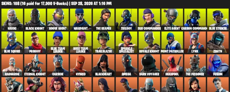 Fortnite account inventory for Havoc - Black Knight - 108 Outfits