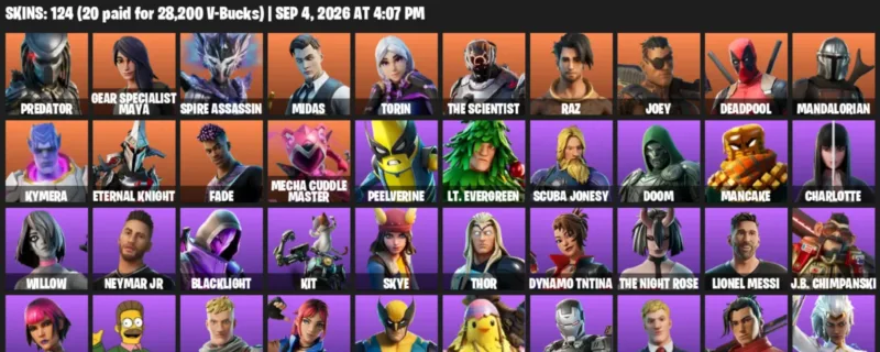 Fortnite account inventory for LVL 1580 - Predator - Gear Specialist Maya - 124 Outfits