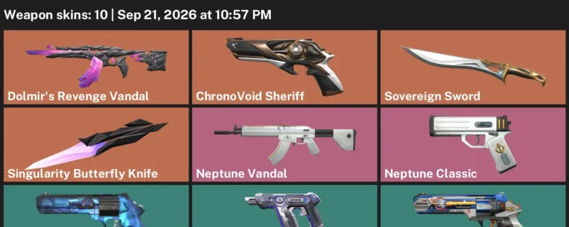 Valorant account inventory for LVL 20 · ChronoVoid Sheriff & 10 Skins Singularity Butterfly Knife