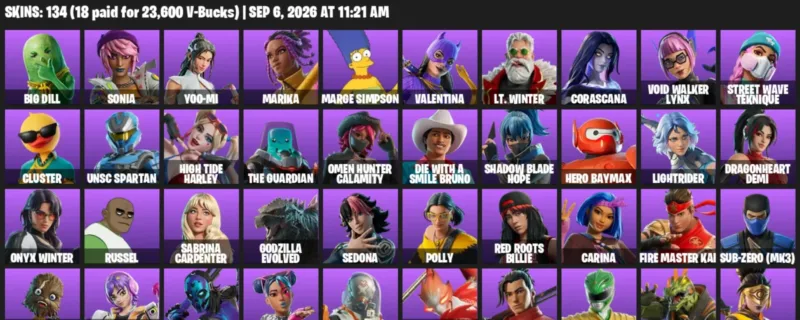 Fortnite account inventory for LVL 1157 - Big Dill - Sonia - 134 Outfits