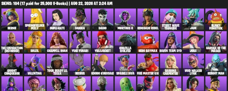 Fortnite account inventory for LVL 527 - Bernie - Springfielder Peely - 104 Outfits