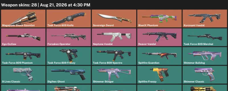 Valorant account inventory for LVL 165 · Sovereign Sword & Task Force 809 Knife & Forsaken Operator