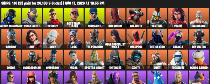 Fortnite account inventory for LVL 1370 - Carbon Commando - Rogue Agent - 116 Outfits