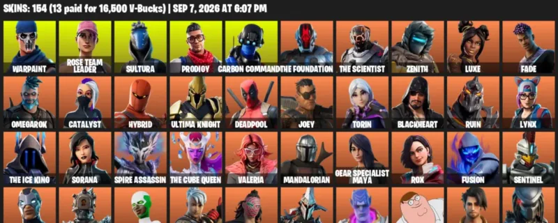 Fortnite account inventory for LVL 2215 - Warpaint - Rose Team Leader - 154 Outfits