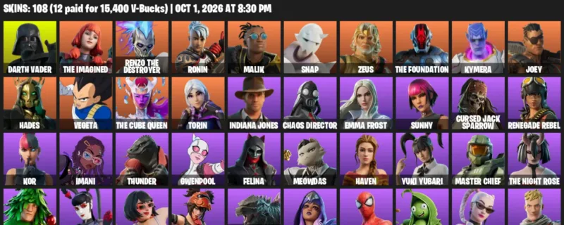 Fortnite account inventory for Darth Vader - The Imagined - 108 Outfits