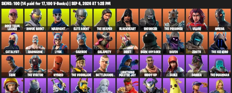 Fortnite account inventory for LVL 866 - Rose Team Leader - Rogue Agent - 100 Outfits