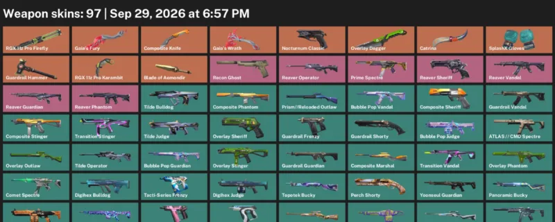 Valorant account inventory for LVL 87 · RGX 11z Pro Karambit & Blade of Aemondir & Composite Knife