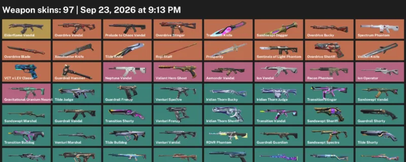 Valorant account inventory for LVL 200 · Xenohunter Knife & Overdrive Blade & Sandswept Dagger