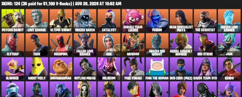 Fortnite account inventory for LVL 1291 - Psycho Bandit - Love Ranger - 124 Outfits