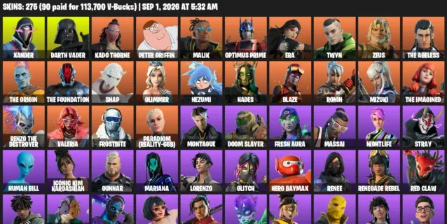 Fortnite account inventory for LVL 7278 - Xander - Darth Vader - 275 Outfits