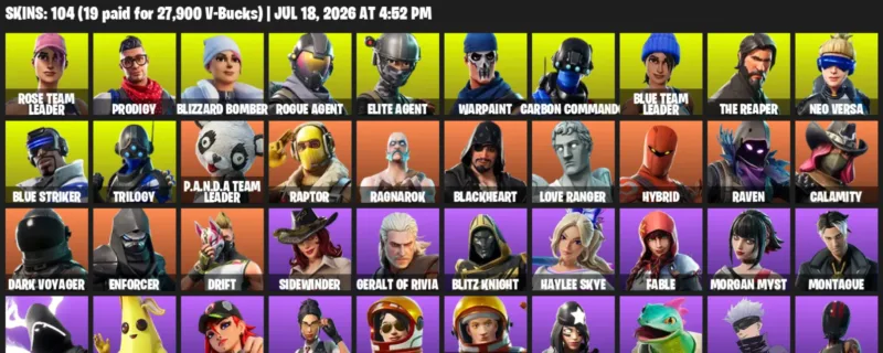 Fortnite Accounts listing: LVL 1087 - Rose Team Leader - Prodigy - 104 Outfits - 104 outfits