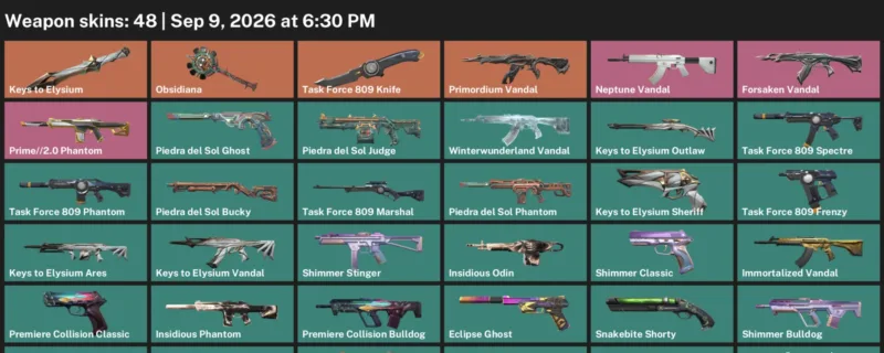 Valorant account inventory for LVL 156 · Forsaken Vandal & Task Force 809 Knife