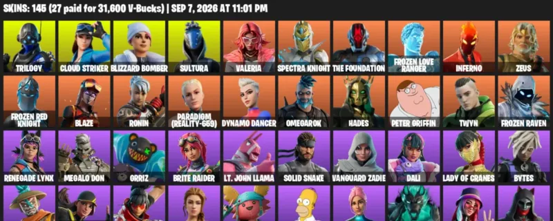 Fortnite account inventory for LVL 4496 - Trilogy - Cloud Striker - 145 Outfits