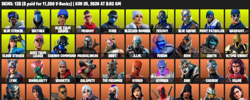 Fortnite account inventory for LVL 1266 - Blue Striker - Sultura - 138 Outfits