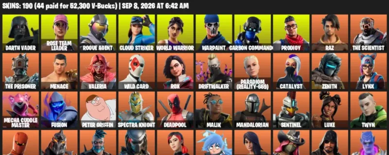 Fortnite account inventory for LVL 2541 - Darth Vader - Rose Team Leader - 190 Outfits