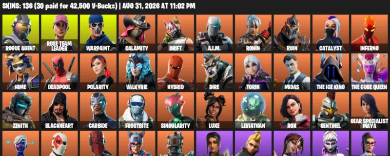 Fortnite account inventory for LVL 1204 - Rogue Agent - Rose Team Leader - 136 Outfits