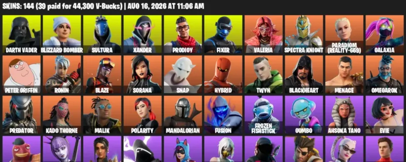 Fortnite account inventory for LVL 2943 - Darth Vader - Blizzard Bomber - 144 Outfits