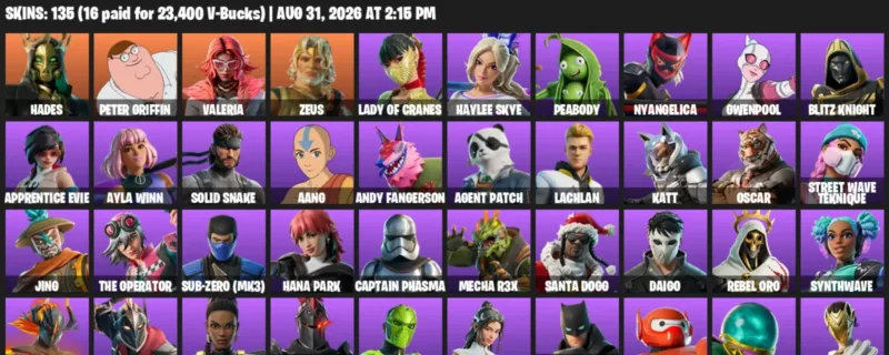 Fortnite account inventory for LVL 1450 - Hades - Peter Griffin - 135 Outfits