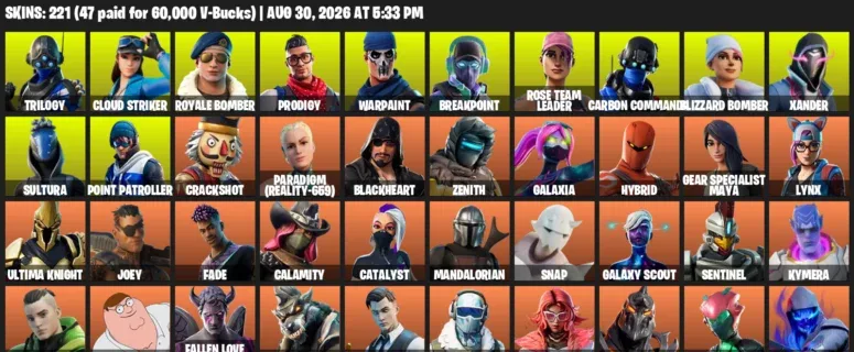 Fortnite account inventory for LVL 2704 - Trilogy - Cloud Striker - 221 Outfits