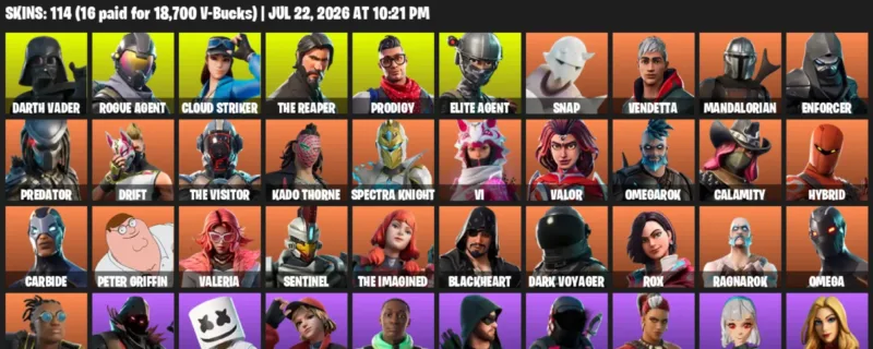 Fortnite Accounts listing: LVL 1497 - Darth Vader - Rogue Agent - 114 Outfits - 114 outfits